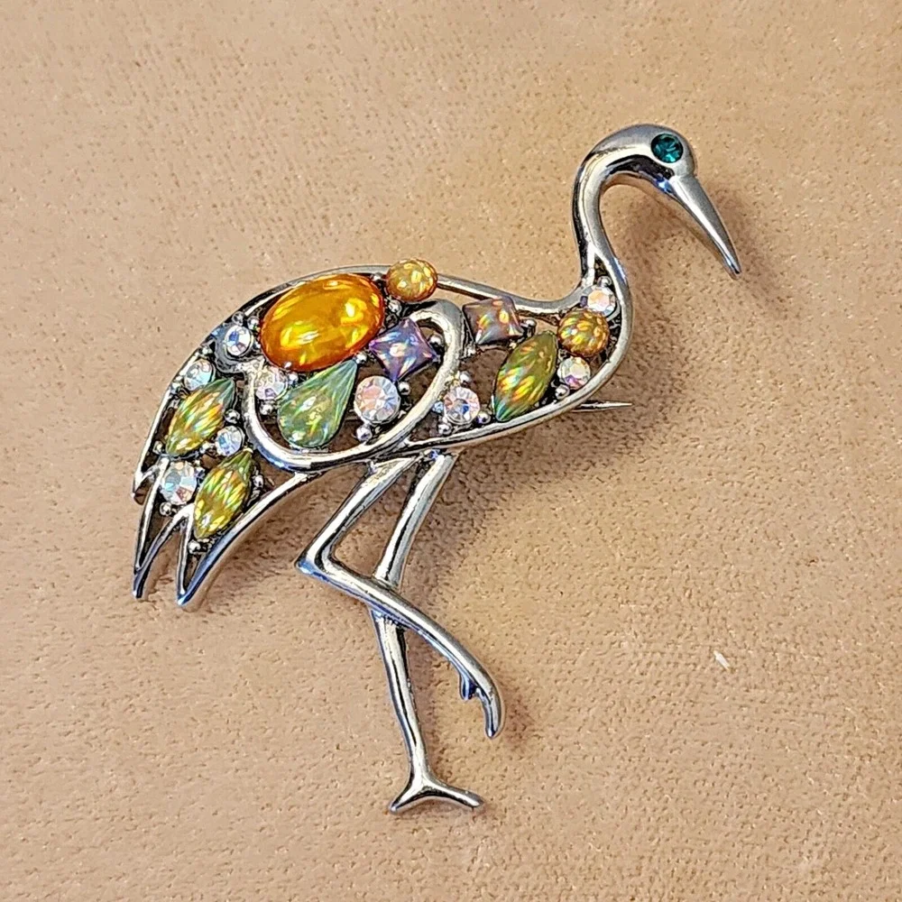 Vintage Silver Multi Color Flamingo Brooch